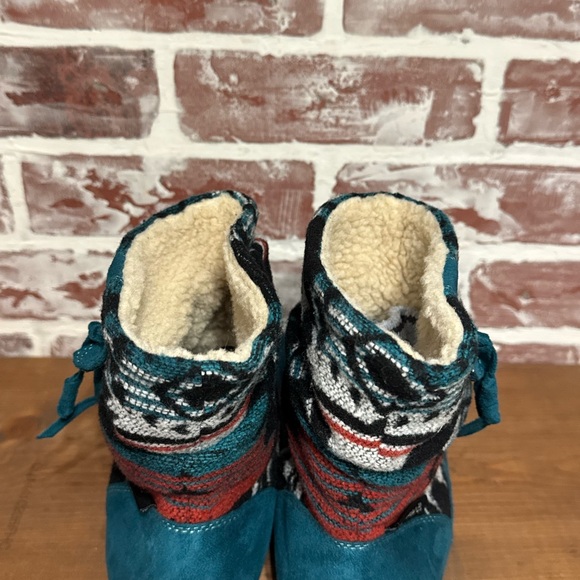 Bearpaw Amber Nova Suede Ankle Boots Wms Sz 8 Blue Aztec Pull On Sheepskin Lined - Picture 7 of 10